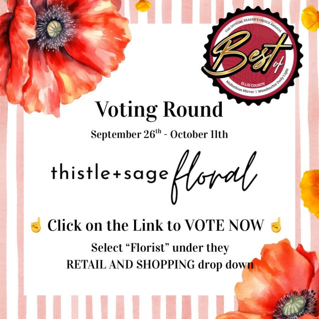 • 🌸 • WE MADE IT • 🌸 •

Voting round has begun and we made the cut! 🥰

📧 You can now vote one time per day, PER EMAIL! Dig out those junk accounts and show your love for your Ellis County Best of the Best  Florist 🌸

👇 Follow the link below cast your vote 👇
https://www.waxahachietx.com/cr-dep-best-of/?event_token=8a5d0614ccb72008 

#bestbofthebest #bestflorist